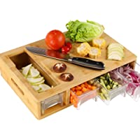HOMECHO Tabla de Cortar con 4 Cajónes y 4 Ralladores 1 Cepillo Tabla de Cocina Grande de Bambú 40 x 27 x 8.8 cm